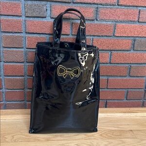 Harrods Black Patent Leather Tote with Bow Accent